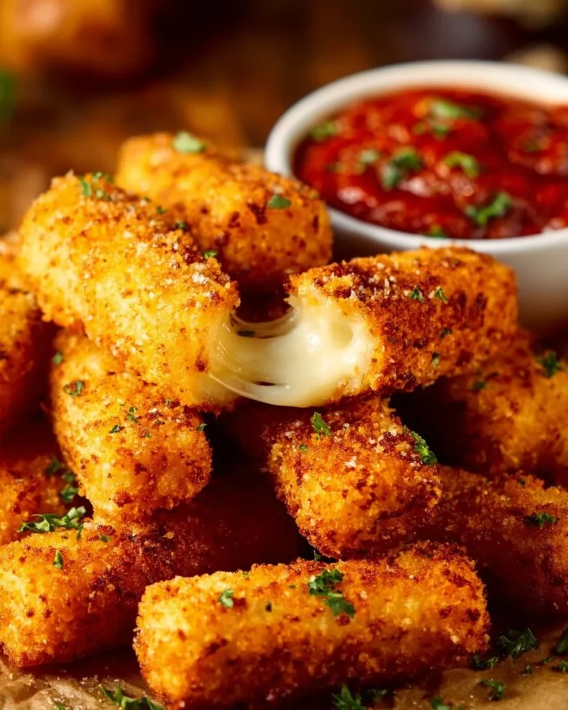 Deliciosos palitos de mozzarella dorados y crujientes listos para degustar.