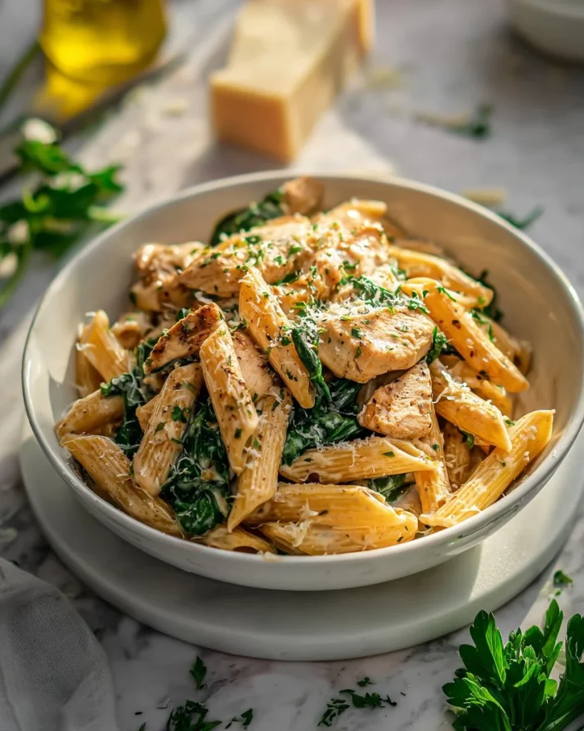 Plato de Pasta de Pollo con Ajo y Parmesano Saludable, ideal para una comida nutritiva.