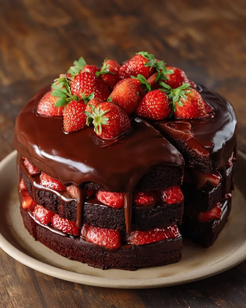 Pastel de chocolate con relleno de fresa decorado con fresas frescas