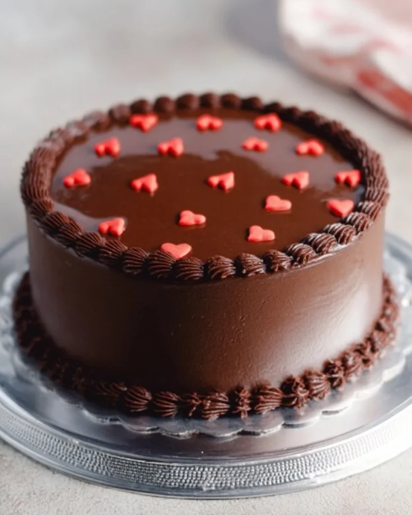 Pastel de Chocolate decorado para el Día de San Valentín con corazones rojos