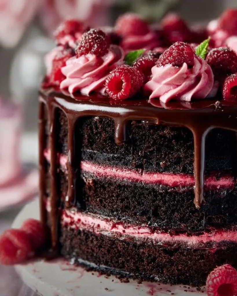 Pastel de chocolate y frambuesa decorado con frutas frescas