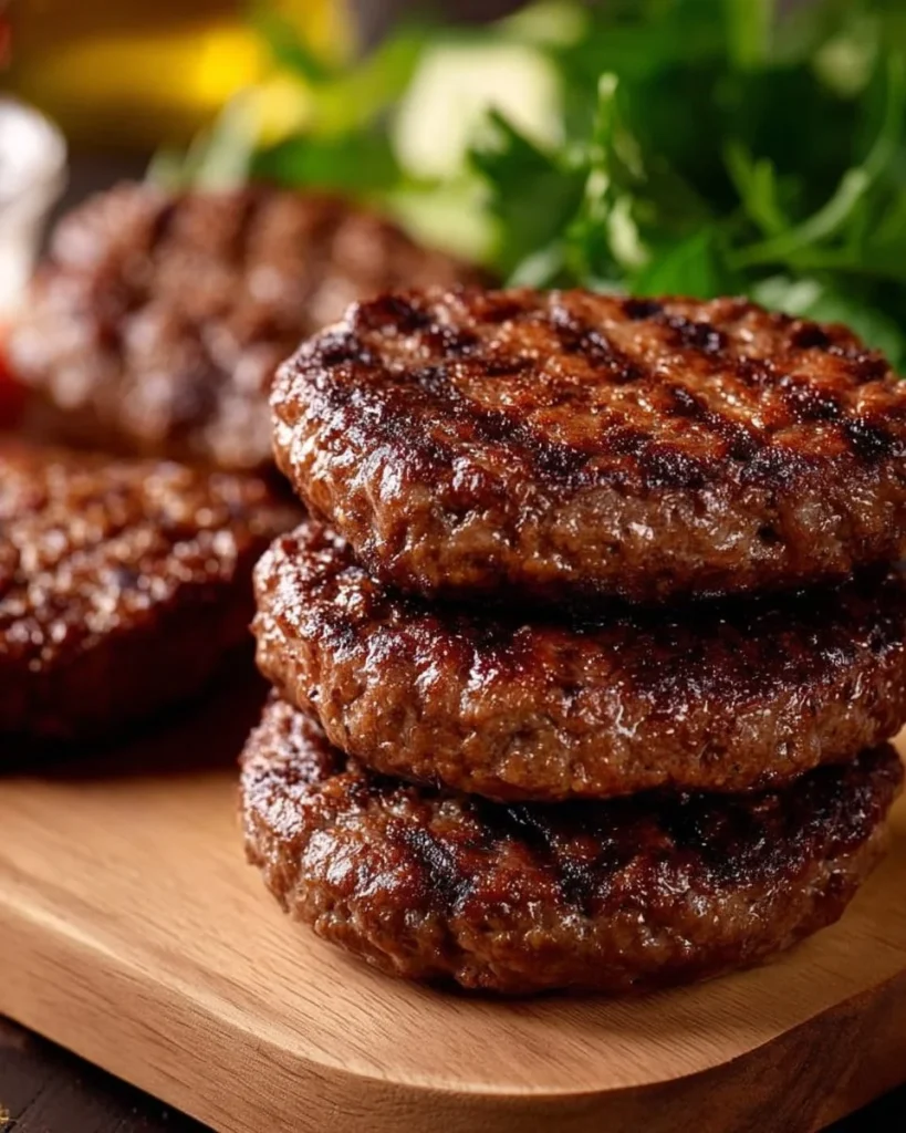 Patties de hamburguesa cocinados en freidora de aire dorados y deliciosos