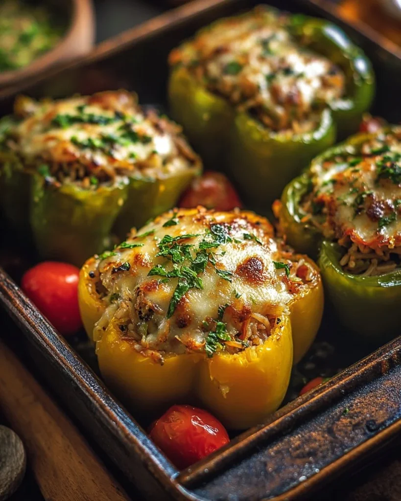 Pimientos rellenos vegetarianos frescos y coloridos en un plato