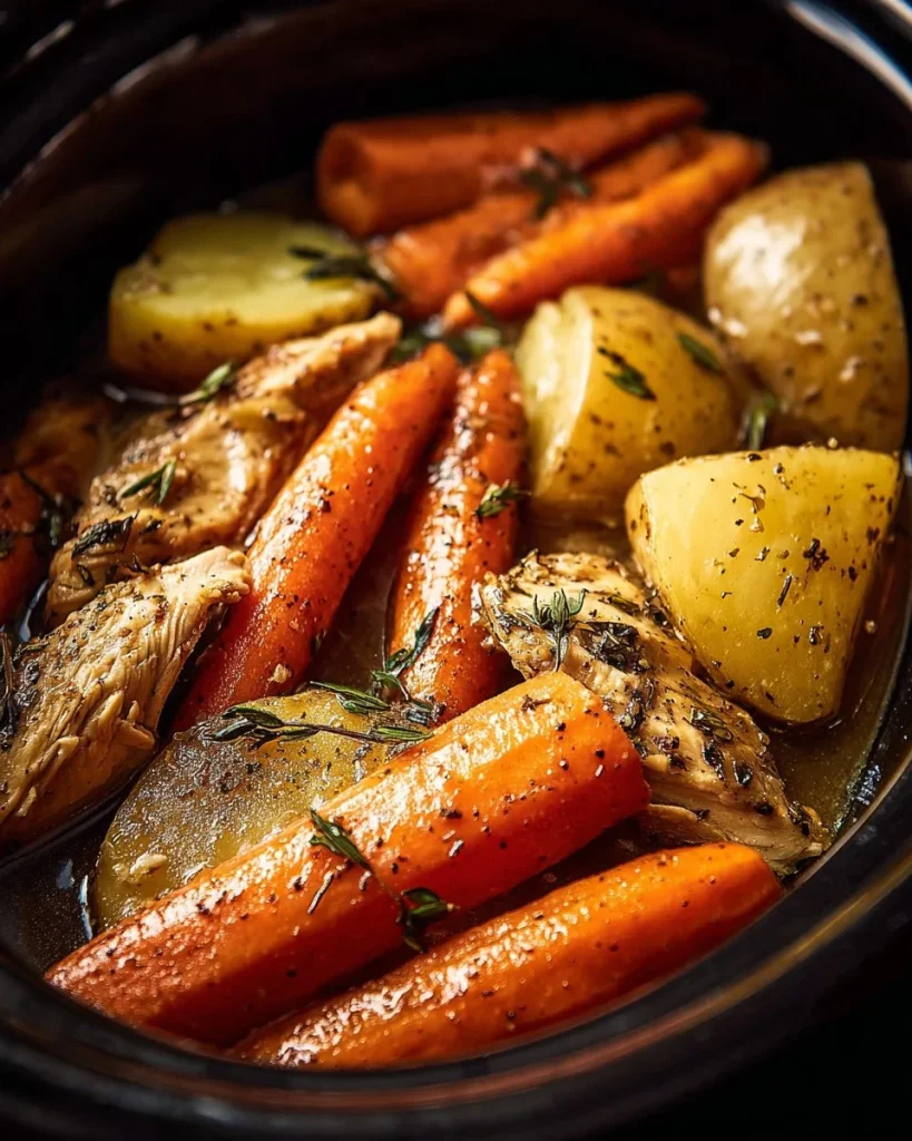 Pollo y verduras en mantequilla de ajo cocinados en olla de cocción lenta