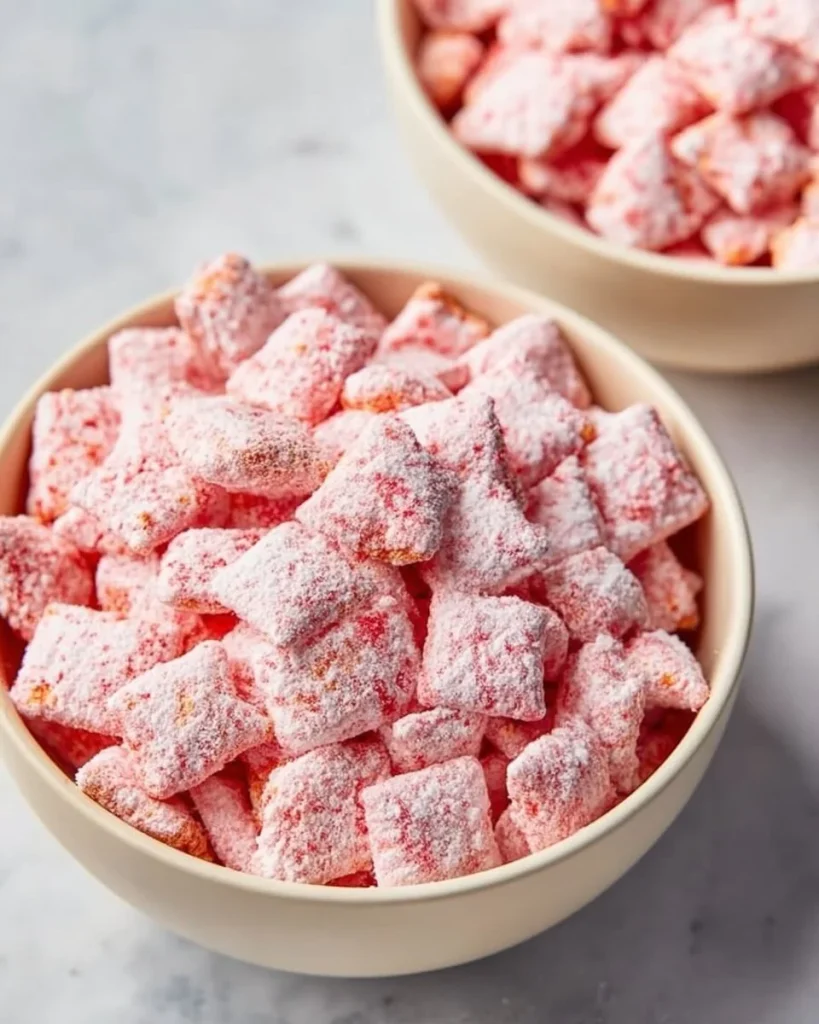 Receta fácil de Puppy Chow de Fresa Rápido con ingredientes sencillos