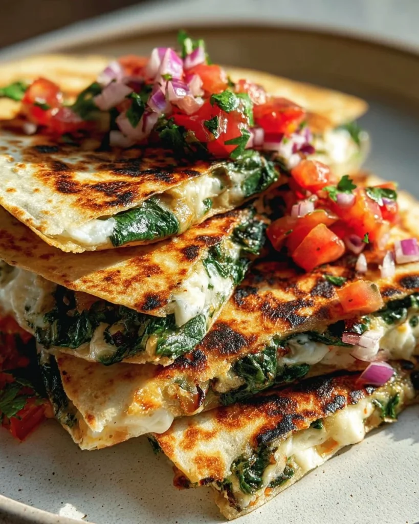 Quesadillas mediterráneas con espinacas, feta, mozzarella y cebolla roja en un plato.