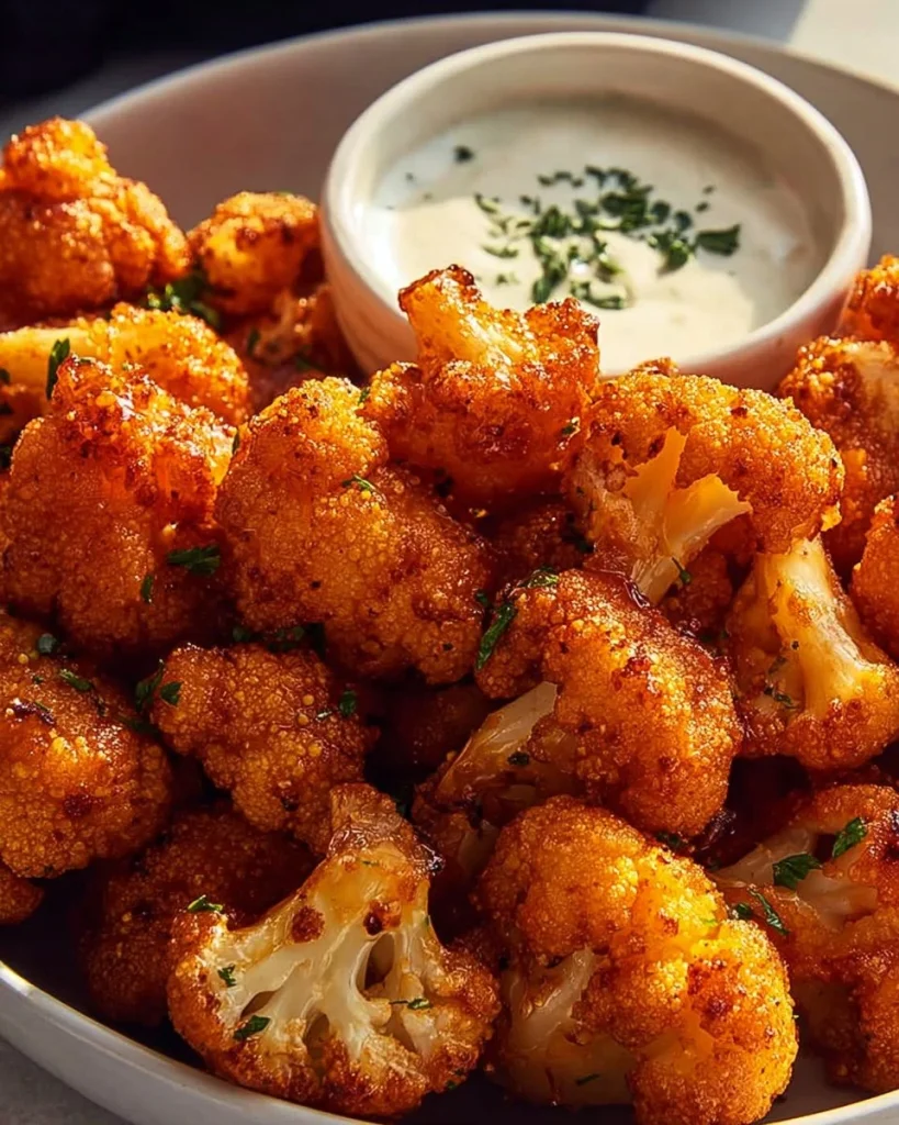 Bocados de coliflor buffalo crujientes preparados con técnica de aire fried
