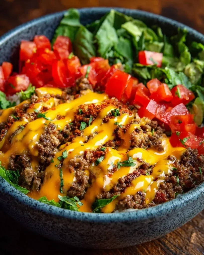 Cuencos de cheeseburger altos en proteínas con carne molida y salsa