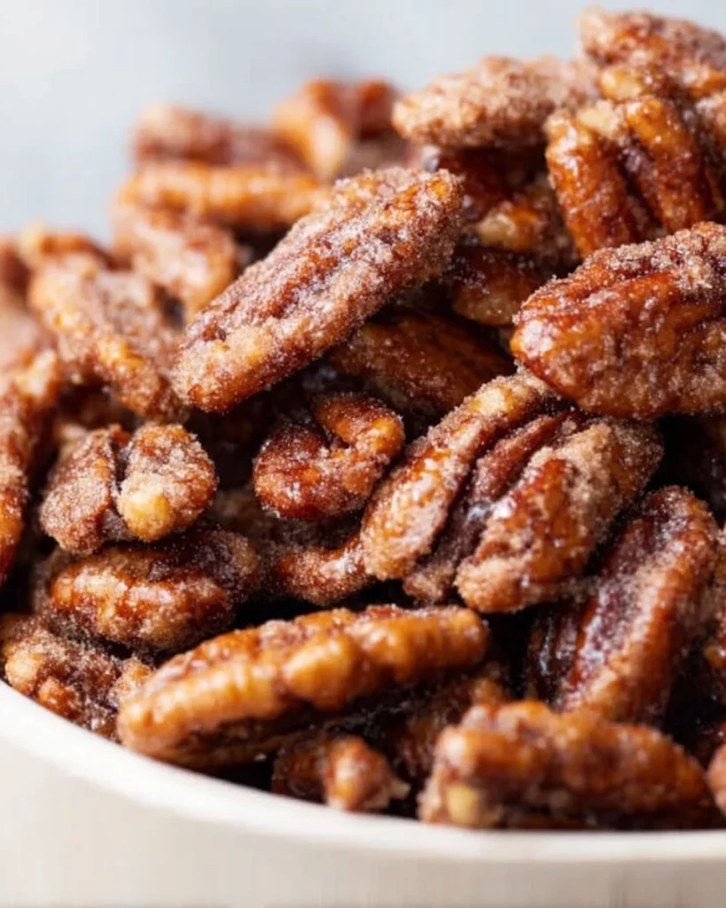 Receta dulce de nueces con azúcar y canela en un plato decorativo.