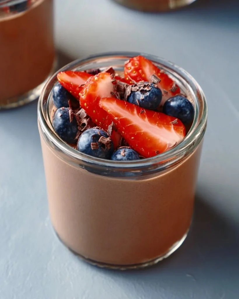 Pudín de proteína de chocolate recién preparado en un tazón