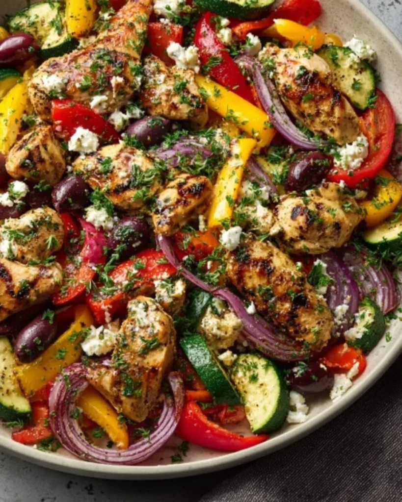 Receta de salteado de pollo mediterráneo con verduras frescas y especias.