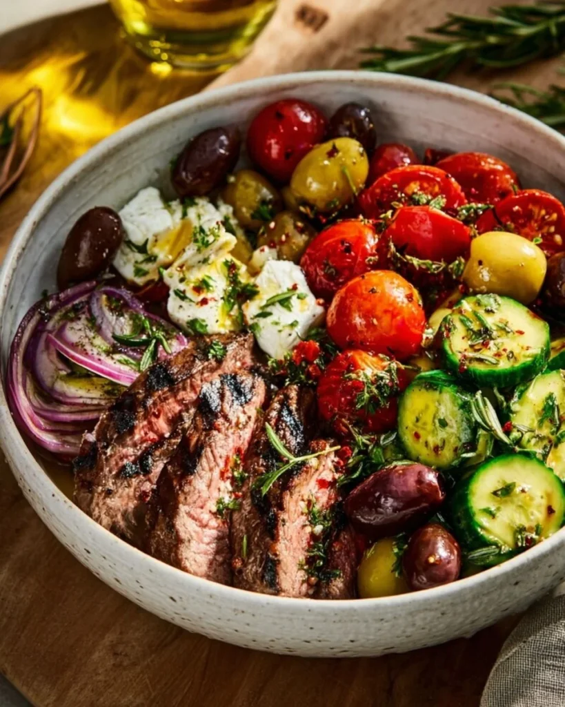 Tazón de filete mediterráneo con ingredientes frescos y sabrosos