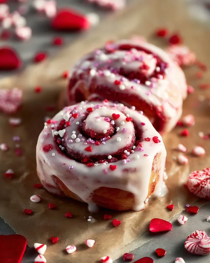 Rollos de canela de terciopelo rojo decorados para San Valentín
