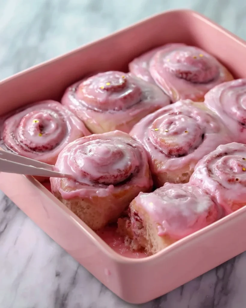 Deliciosos rollos de canela de terciopelo rosa recién horneados