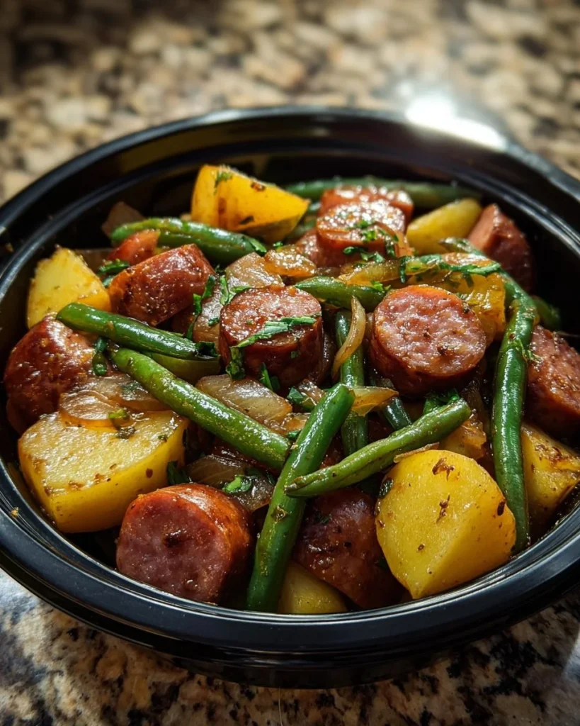 Salchichas de kielbasa y judías verdes cocinadas en olla lenta