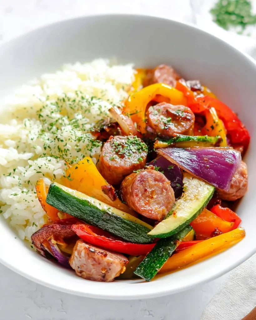 Salchichas de pollo y verduras cocinadas en freidora de aire