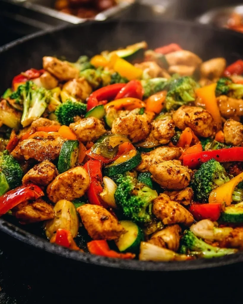 Sartén de pollo y verduras saludables cocinadas en una sartén