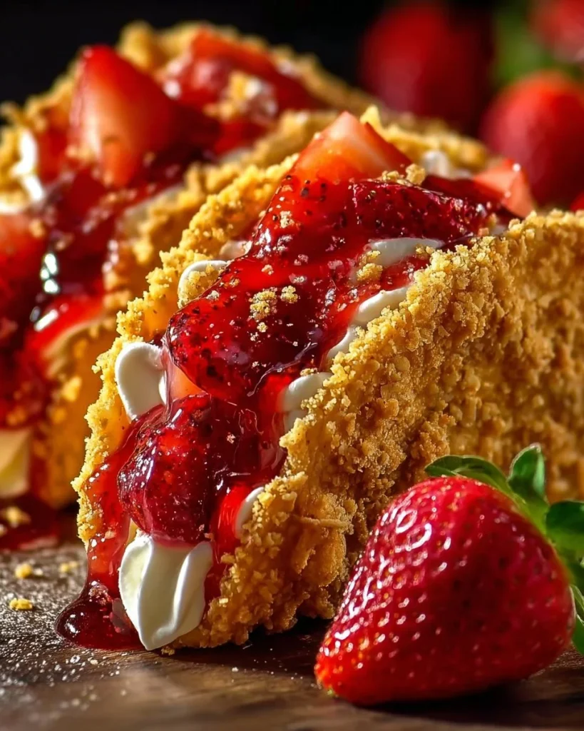 Tacos de Cheesecake de Fresa Crujiente con fresas y crema
