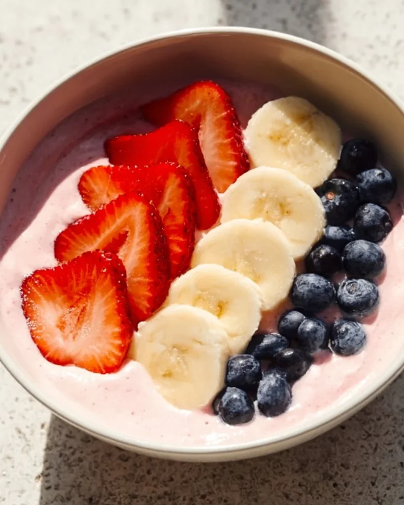Tazón de batido de frutas con yogur griego preparado en 5 minutos