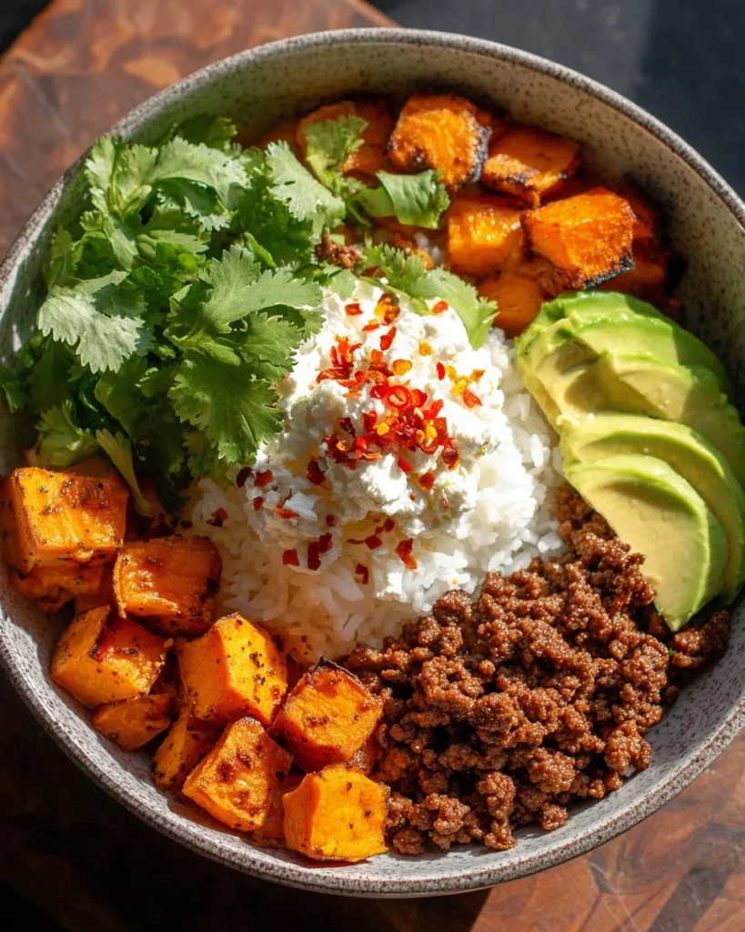 Tazón de tacos de batata con ingredientes frescos y coloridos