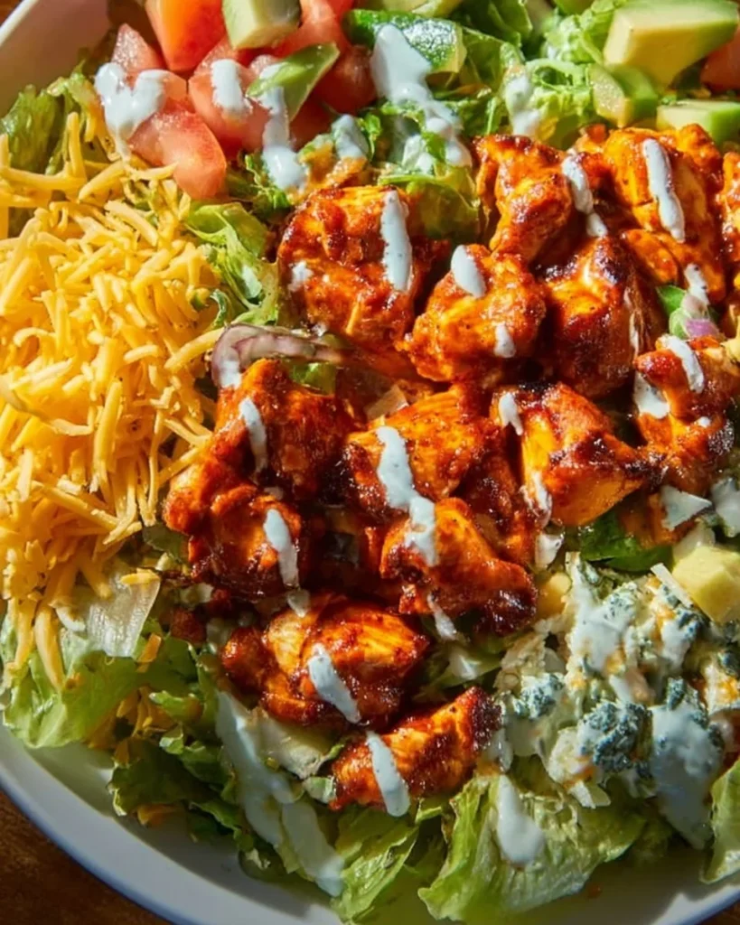 Tazón de Pollo Búfalo con salsa picante y vegetales frescos