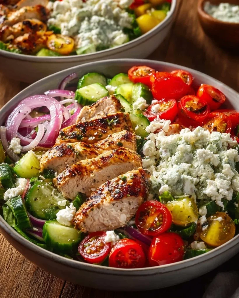 Tazones de Pollo Griego frescos y coloridos con vegetales y salsa