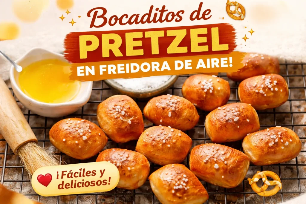 Bocaditos de pretzel crujientes preparados en freidora de aire.