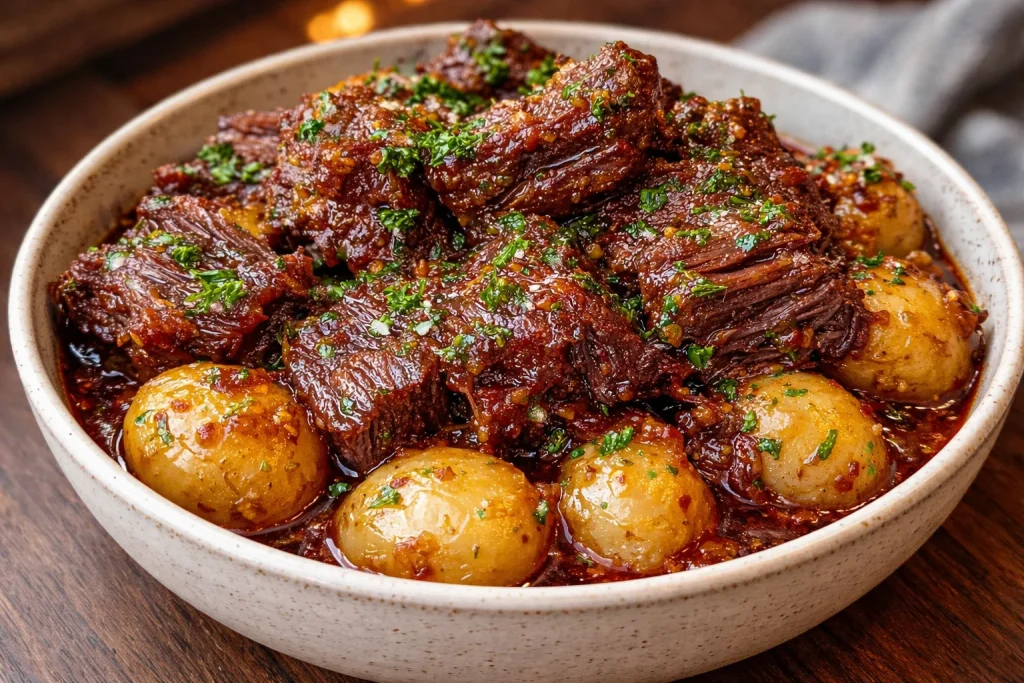 Carne con mantequilla de ajo en olla de cocción lenta con papas