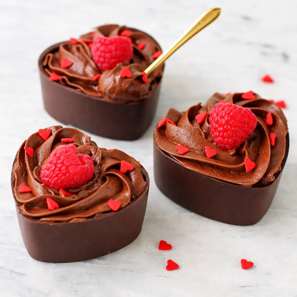 Copas de mousse de chocolate en forma de corazón decoradas para un postre romántico.