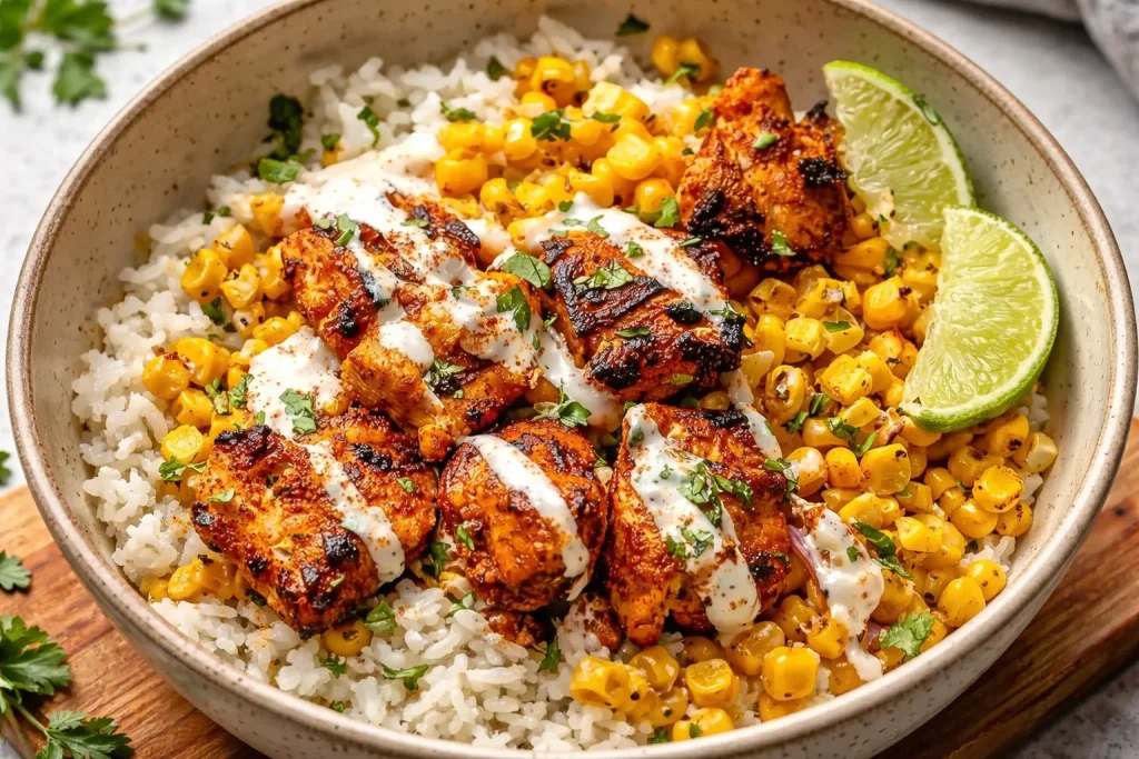Tazón de pollo fácil con elote callejero, una deliciosa comida rápida.