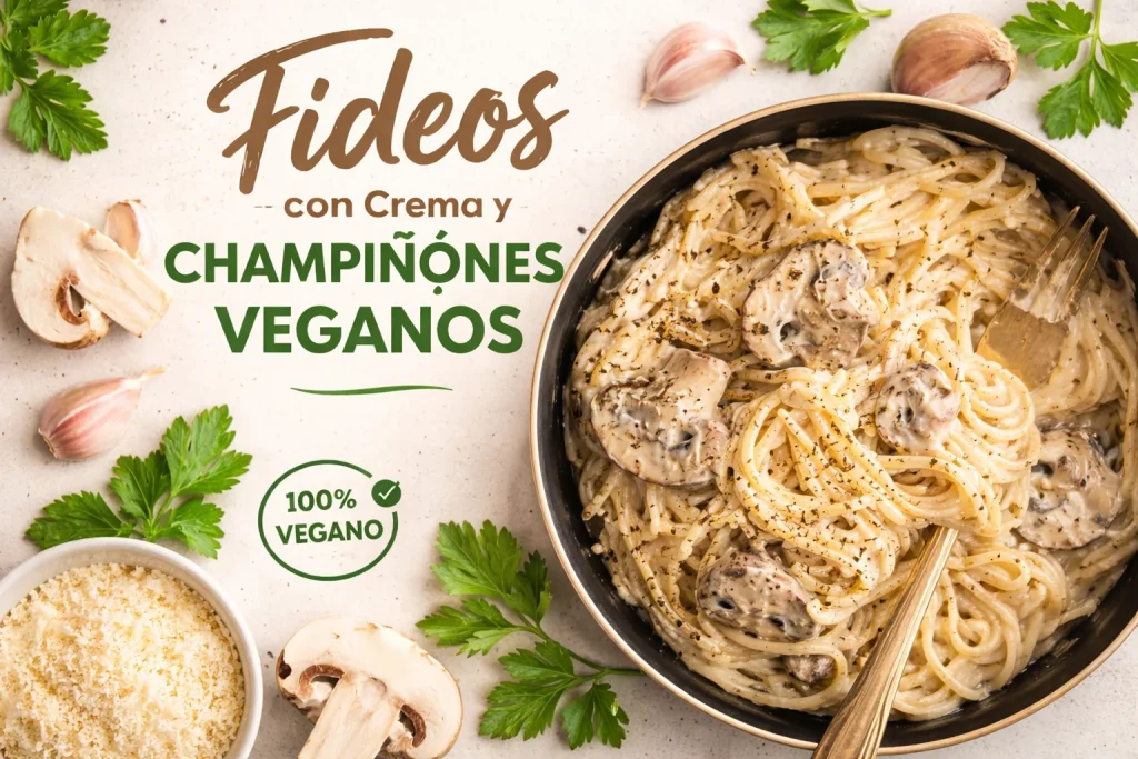 Fideos veganos con crema y champiñones, un plato delicioso y saludable.