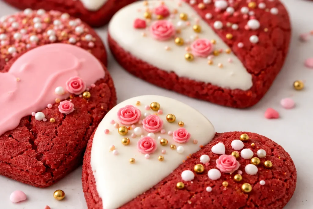 Galletas de terciopelo rojo decoradas, ideales para San Valentín