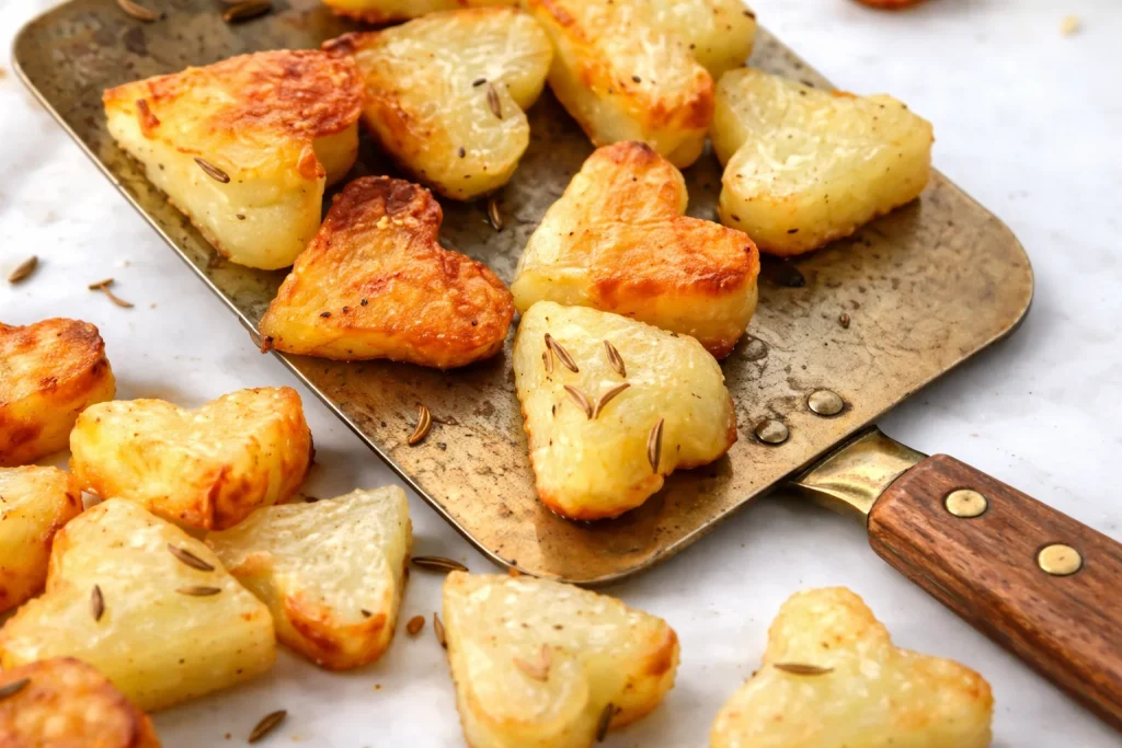 Papas corazones asadas servidas con salsa y hierbas frescas