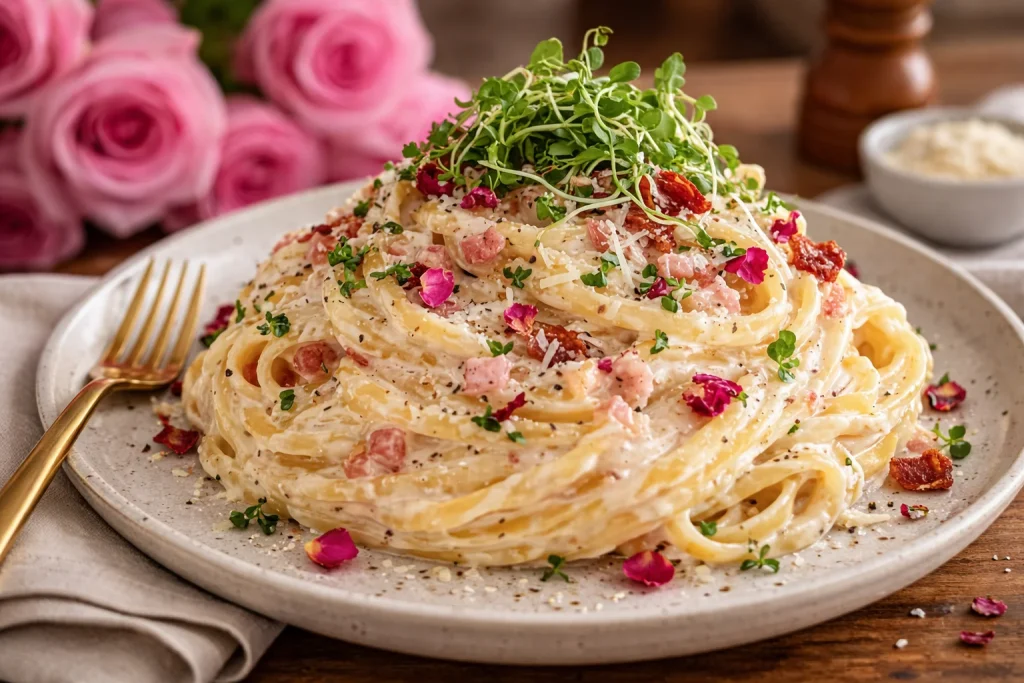 Plato de Pasta Alfredo Rosa con salsa cremosa y sabores irresistibles.