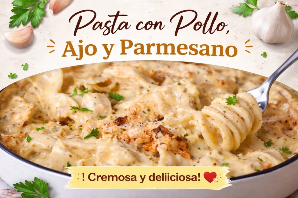 Plato de Pasta con Pollo, Ajo y Parmesano servido con queso rallado