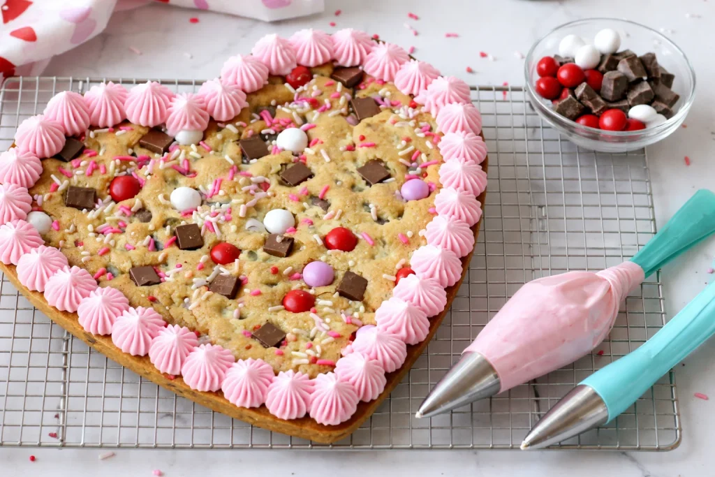 Pastel de galleta en forma de corazón decorado con glaseado y chispas de colores.
