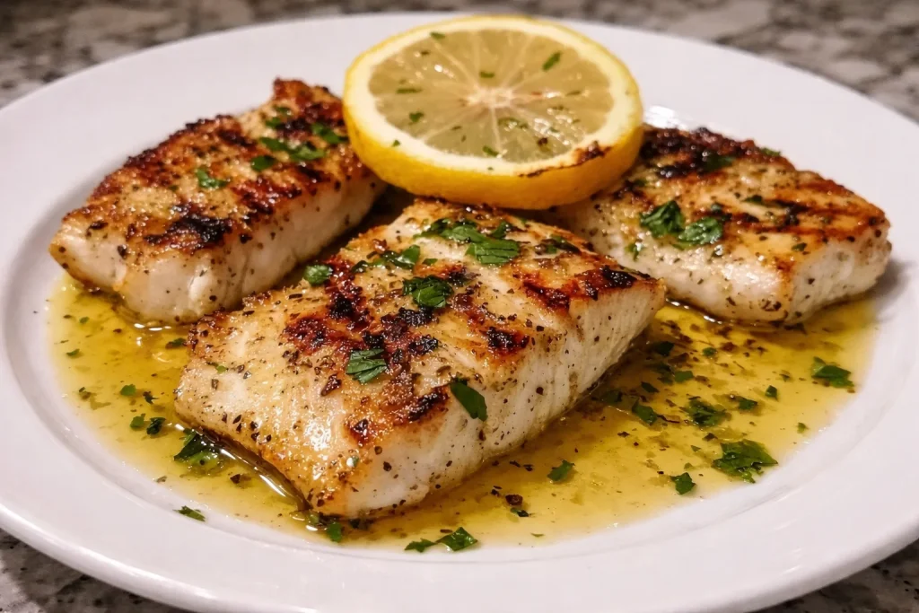 Pescado a la plancha con limón y mostaza listo para servir