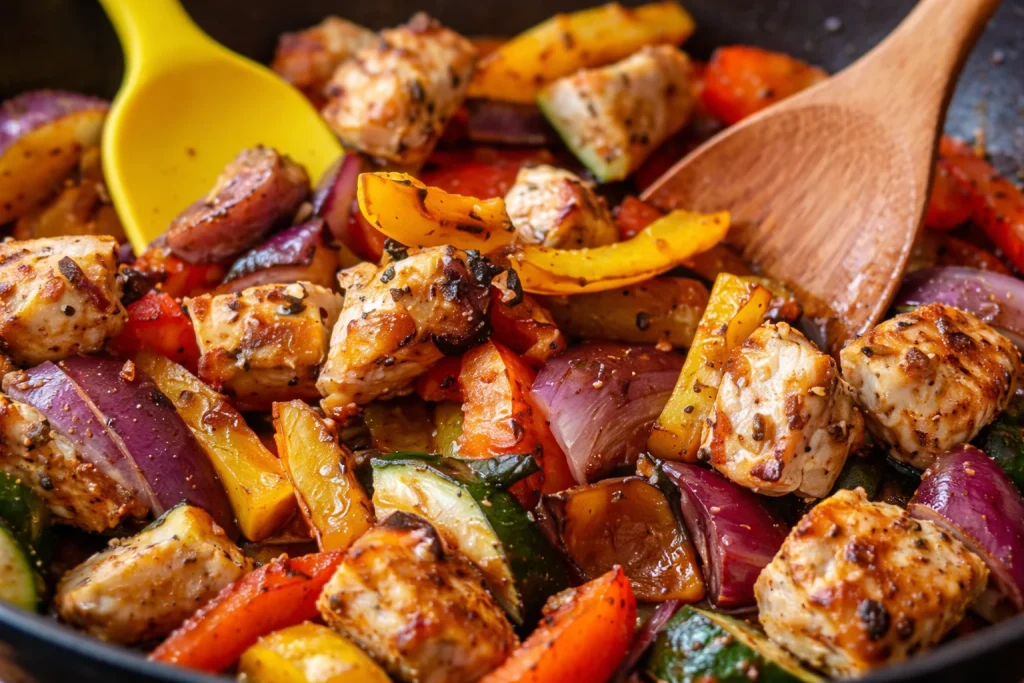 Plato de pollo con verduras cocinadas en air fryer