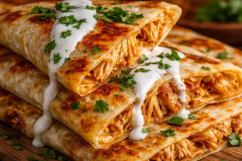Quesadilla de pollo recién preparada, servida con salsas y guarniciones