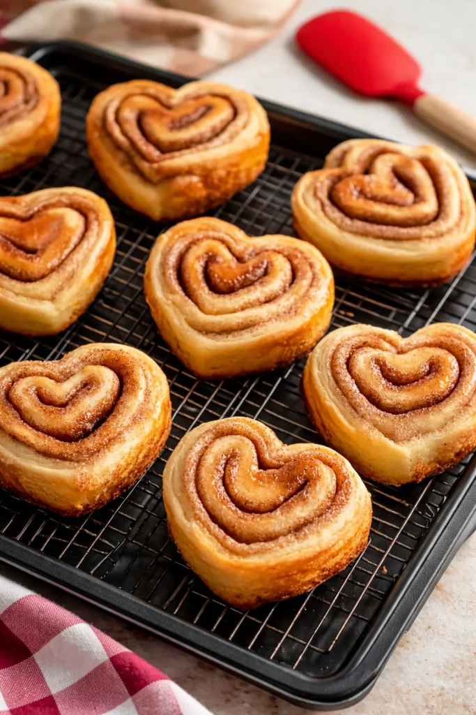 Rollos de canela en forma de corazón recién horneados y decorados.