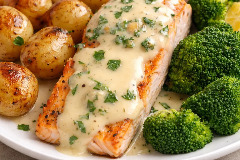 Plato de salmón con mantequilla de limón, papas crujientes y brócoli fresco