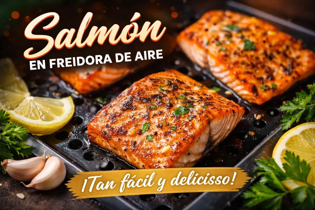 Salmón cocinado en freidora de aire, crujiente y jugoso