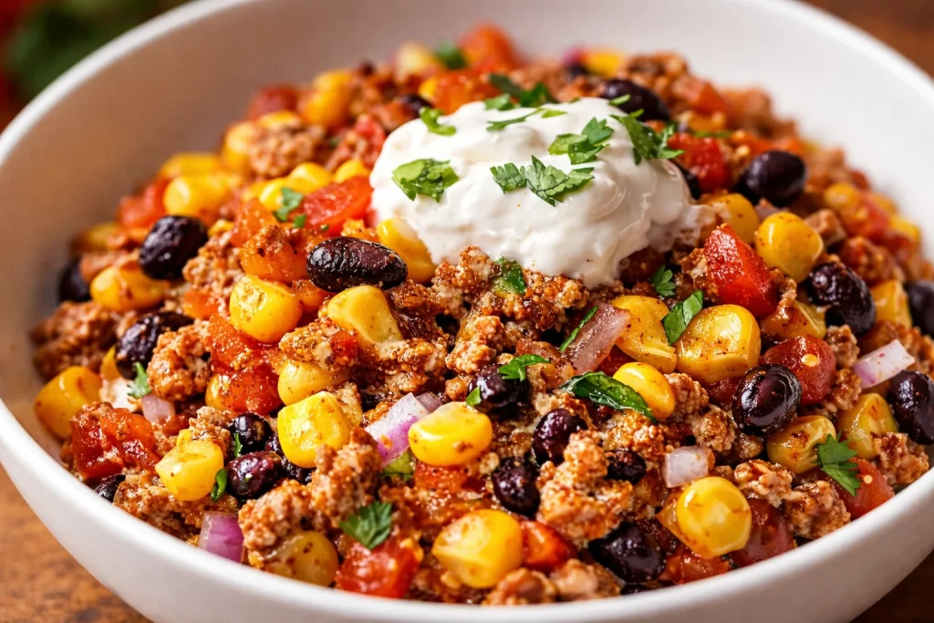 Tacos de pavo molido servidos en una sartén con ingredientes frescos