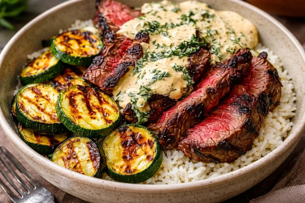 Tazón de Carne Asada con Salsa y Zucchini a la Parrilla