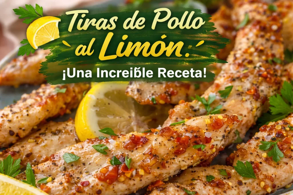 Tiras de pollo al limón en un plato con guarnición fresca.
