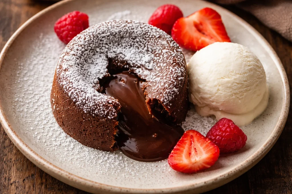 Deliciosa torta de lava de chocolate servida con helado de vainilla