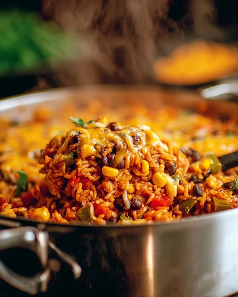 Cazuela de arroz mexicana con ingredientes frescos y coloridos