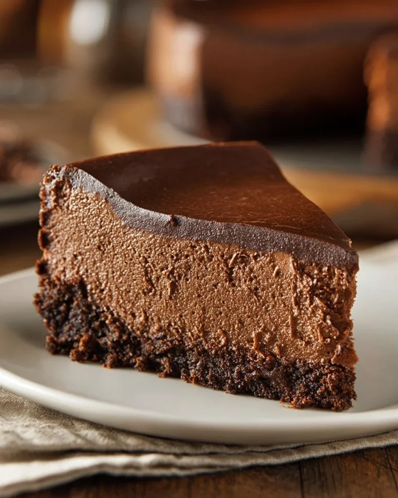 Cheesecake de Chocolate cremoso decorado con chocolate y fresas