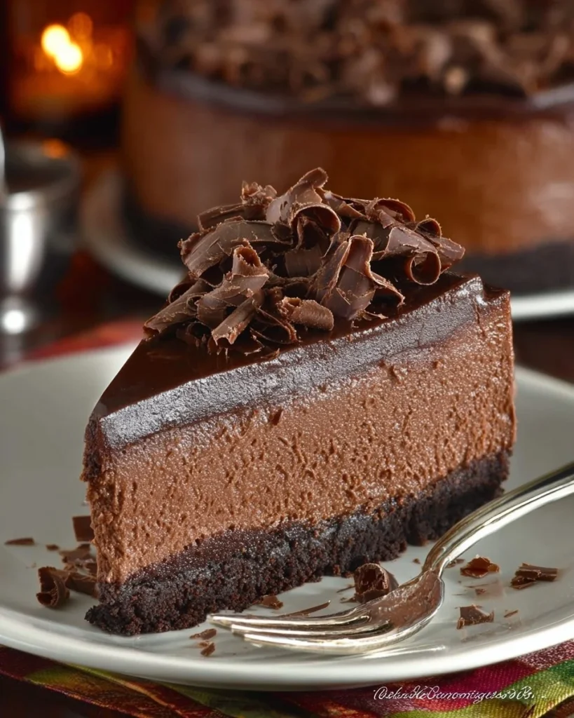 Cheesecake de triple chocolate con costra de Oreo, un dulce irresistible.