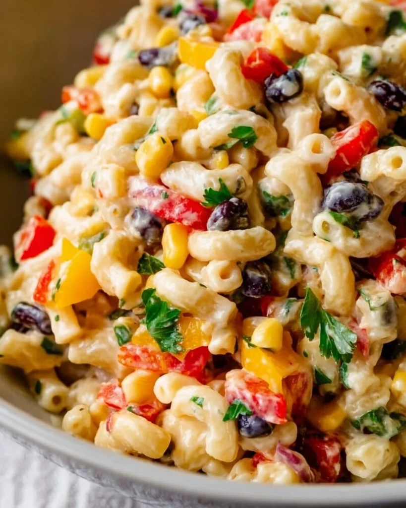 Ensalada de macarrones mexicana colorida y fresca en un bol